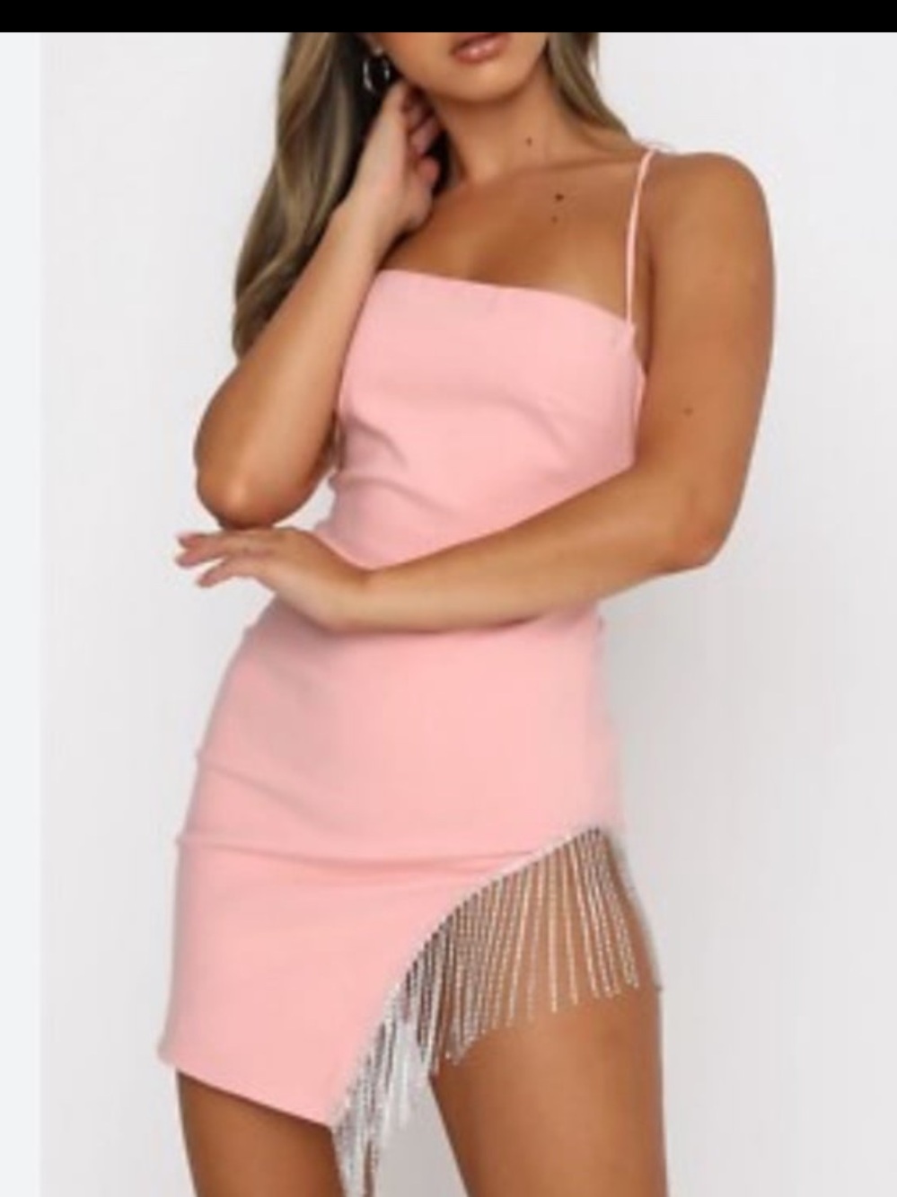 White fox pink mini dress with fringe